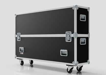 The 65" Double Screen Case, featuring a large black design with metal edges, handles, latches, and four caster wheels, stands against a plain background.