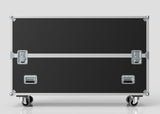 The 65" Double Screen Case is a large black equipment case with metal edges, reinforced corners, latches, and wheels, shown against a plain light background.