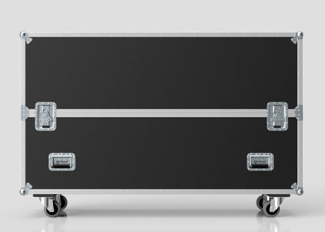 The 65" Double Screen Case is a large black equipment case with metal edges, reinforced corners, latches, and wheels, shown against a plain light background.