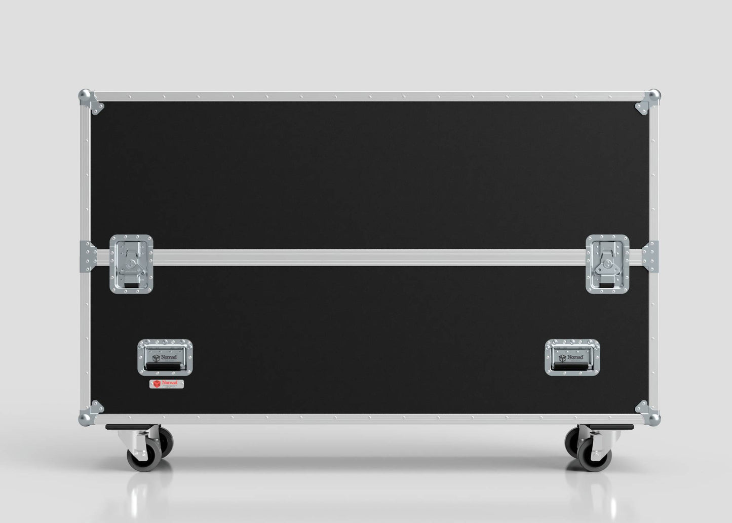 A 65" Double Screen Case with metal edges, handles, and latches, mounted on four caster wheels, sits against a plain light gray background.