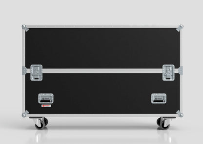 A 65" Double Screen Case with metal edges, handles, and latches, mounted on four caster wheels, sits against a plain light gray background.