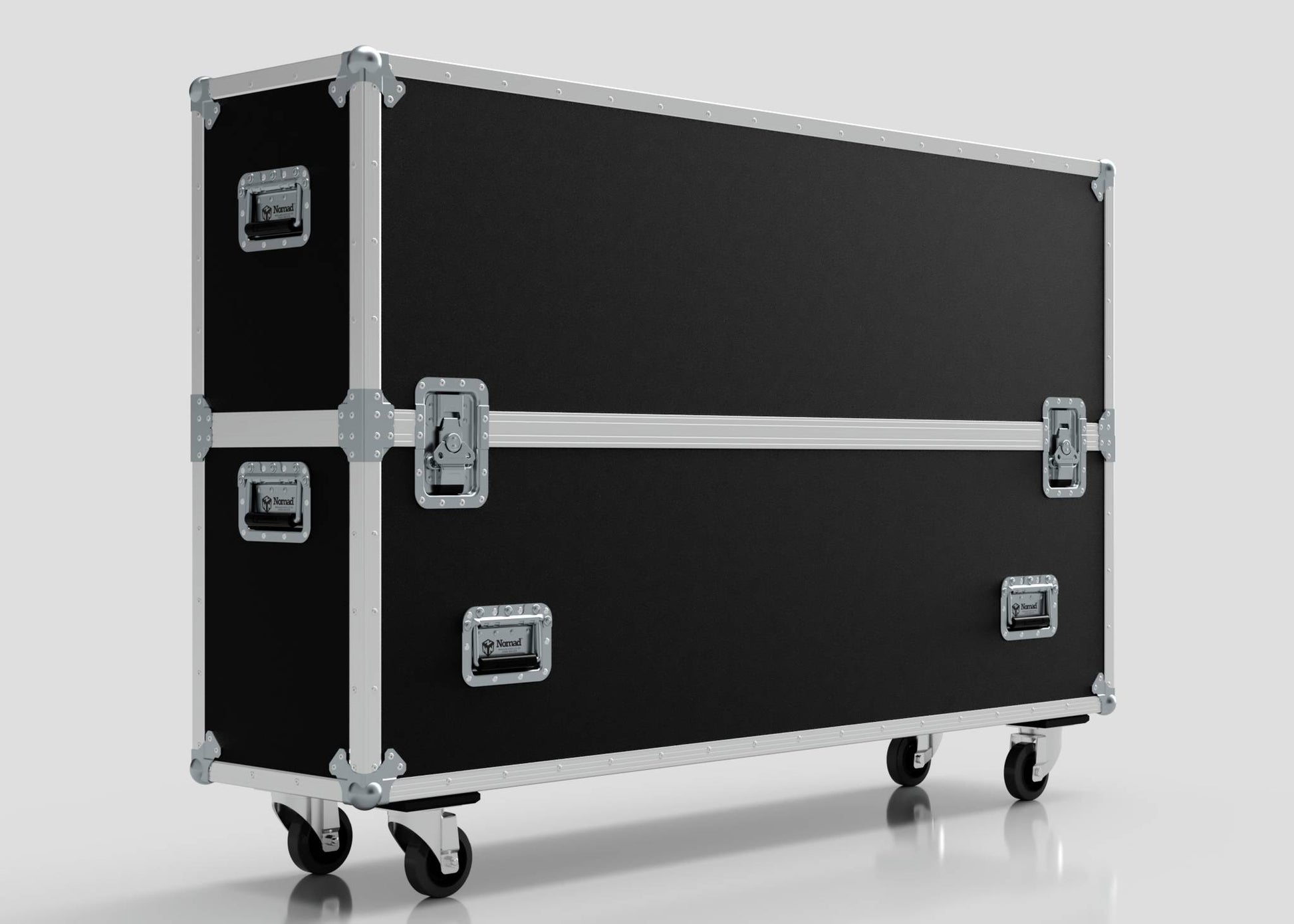 A 65" Double Screen Case in black with metal edges, handles, and latches, standing on four caster wheels against a plain background.