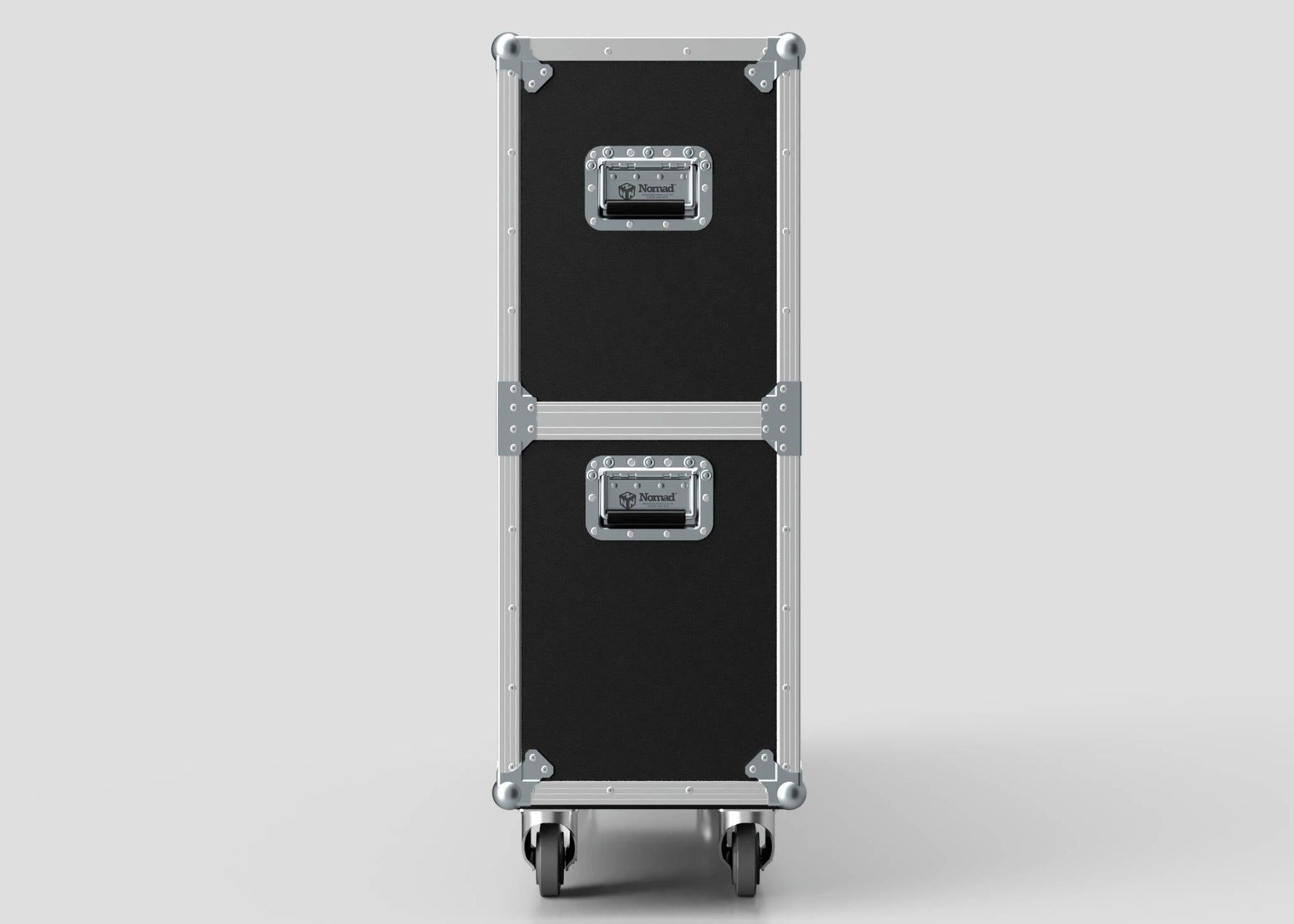 A 65" Double Screen Case in black and silver with metal reinforcements and wheels, shown from the front against a plain white background.