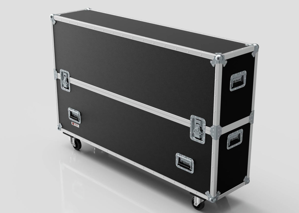 A 65" Double Screen Case, large and black with metal edges, handles, latches, and four wheels, stands against a plain background.