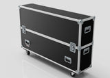 A 65" Double Screen Case, large and black with metal edges, handles, latches, and four wheels, stands against a plain background.