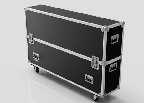 A 65" Double Screen Case, large and black with metal edges, handles, latches, and four wheels, stands against a plain background.