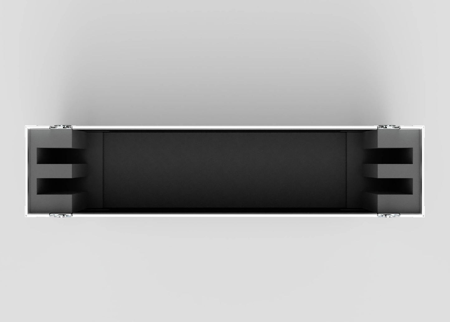 Top-down view of an empty 65" Double Screen Case, rectangular with black foam lining, reinforced corners, and silver edges, displayed on a light grey background.