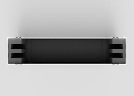 Top-down view of an empty 65" Double Screen Case, rectangular with black foam lining, reinforced corners, and silver edges, displayed on a light grey background.