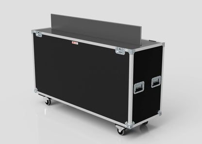 A large black rectangular 65" Motorised Single Screen Case with metal edges, handles, and wheels, displayed on a plain light background.