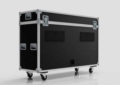 The 65" Motorised Single Screen Case is a large black road case with metal edges, handles, and four caster wheels, displayed against a plain light background.