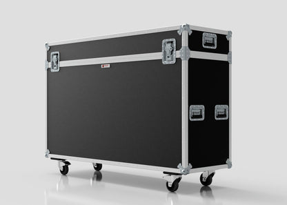 The 65" Motorised Single Screen Case, featuring a large black and silver build with metal edges, handles, and four caster wheels, is displayed against a plain background.