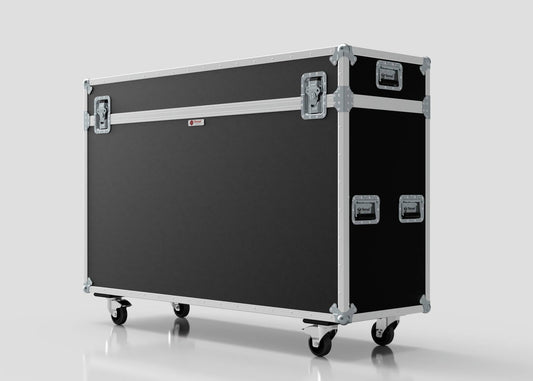 The 65" Motorised Single Screen Case, featuring a large black and silver build with metal edges, handles, and four caster wheels, is displayed against a plain background.
