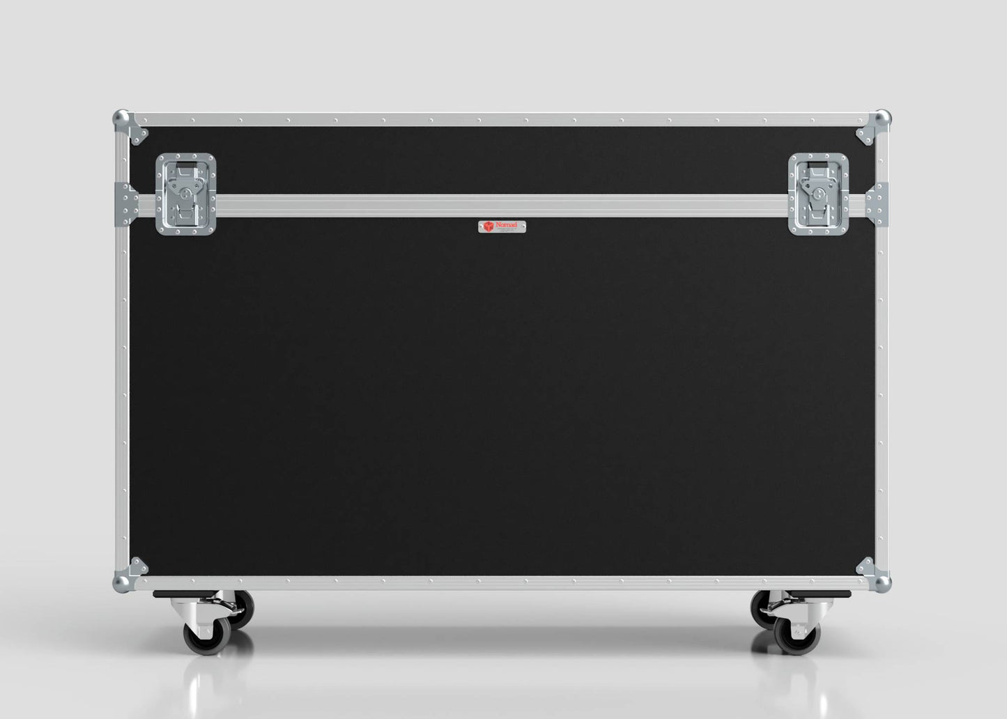 The 65" Motorised Single Screen Case is a large, black rectangular equipment case with metal reinforcements, latches, and four caster wheels, standing on a smooth surface.