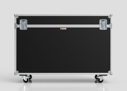 The 65" Motorised Single Screen Case is a large, black rectangular equipment case with metal reinforcements, latches, and four caster wheels, standing on a smooth surface.