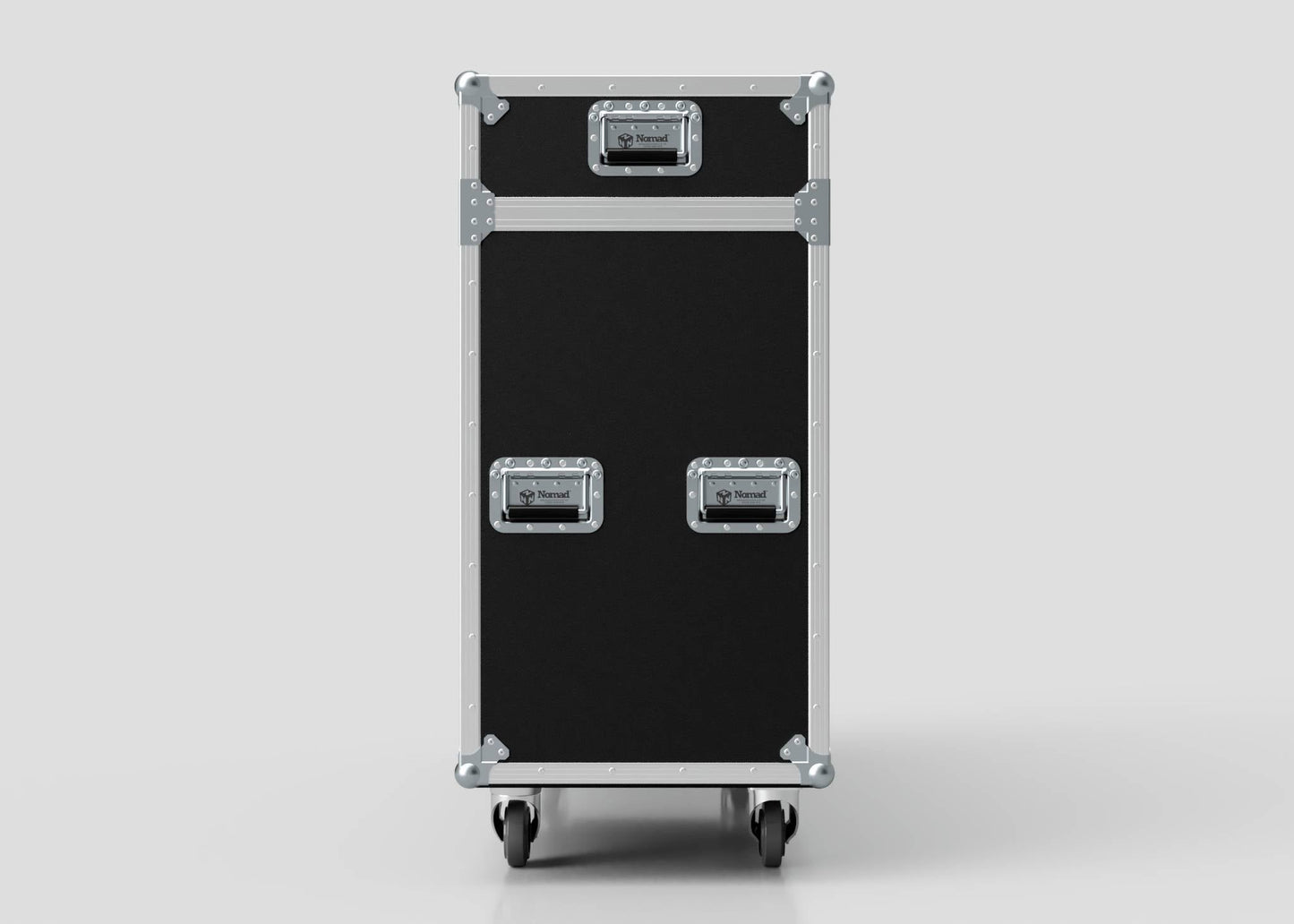 A 65" Motorised Single Screen Case in black and silver with metal handles and wheels, standing upright against a plain light background.
