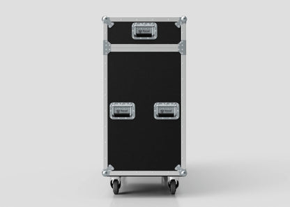 A 65" Motorised Single Screen Case in black and silver with metal handles and wheels, standing upright against a plain light background.