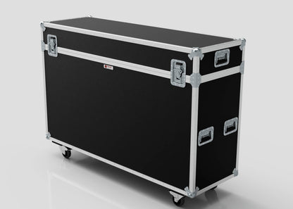 The 65" Motorised Single Screen Case is a large black rectangular hard case with metal edges, latches, handles, and wheels, designed for transporting equipment.