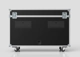 A 65" Motorised Single Screen Case in black with metal edges, handles, two latches, and four caster wheels is shown against a plain light background.