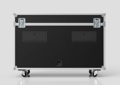 A 65" Motorised Single Screen Case in black with metal edges, handles, two latches, and four caster wheels is shown against a plain light background.