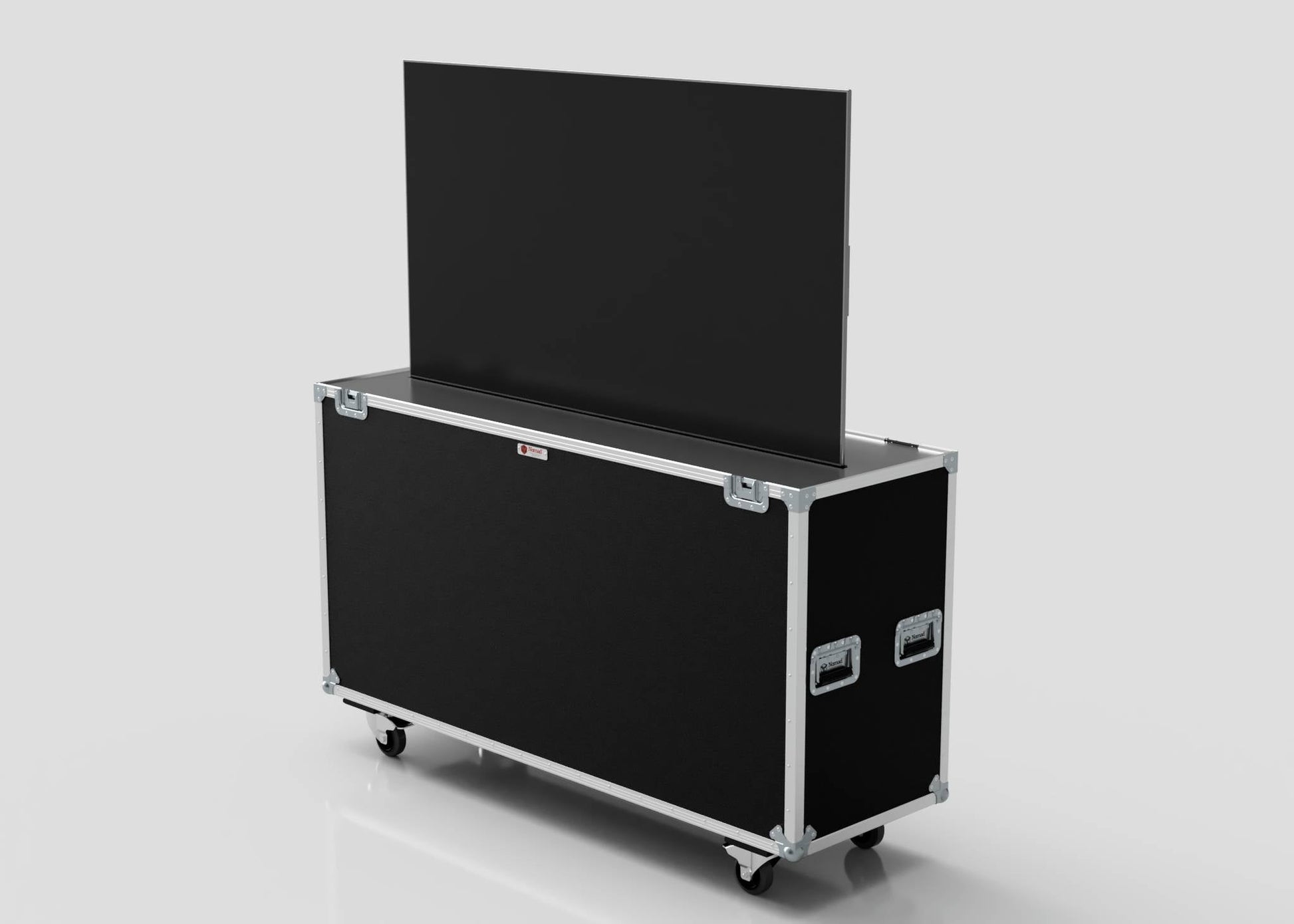 A 65" Motorised Single Screen Case with metal edges and handles, featuring a large flat-screen TV partially raised from its black wheeled protective transport case.
