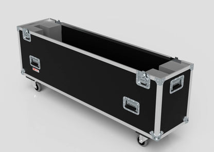 The 65" Single Screen Case is a large, rectangular black case with metal edges, handles, latches, and wheels, shown open and empty against a plain background.