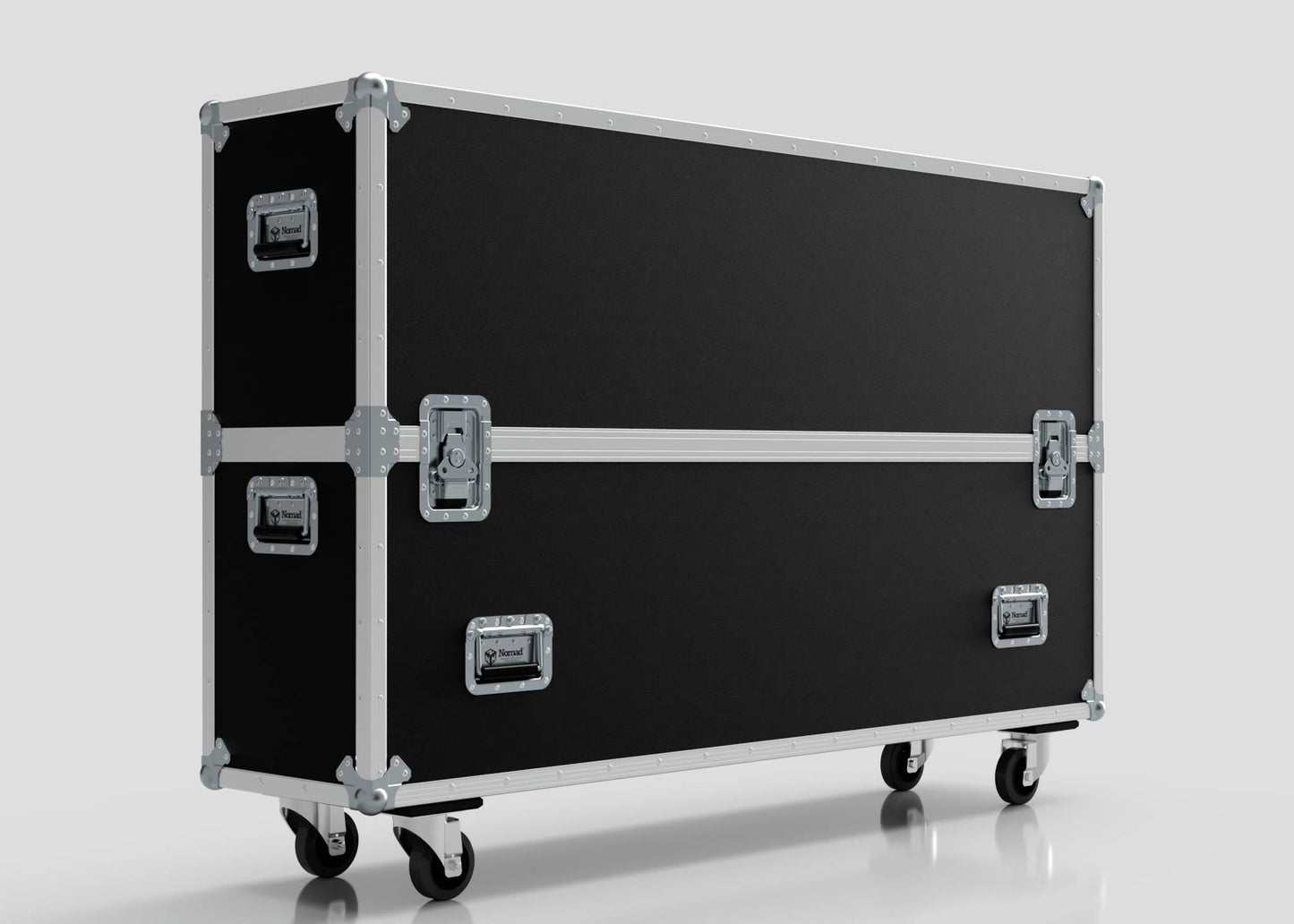 The 65" Single Screen Case is a large black rectangular case with metal edges, reinforced corners, handles, and wheels, set against a plain background.