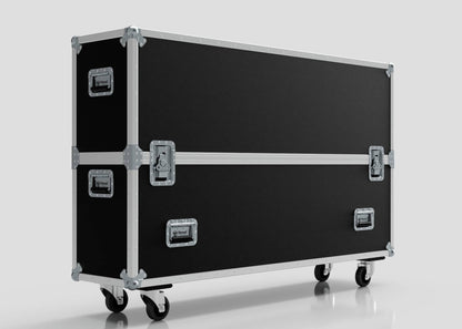 The 65" Single Screen Case is a large black rectangular case with metal edges, reinforced corners, handles, and wheels, set against a plain background.