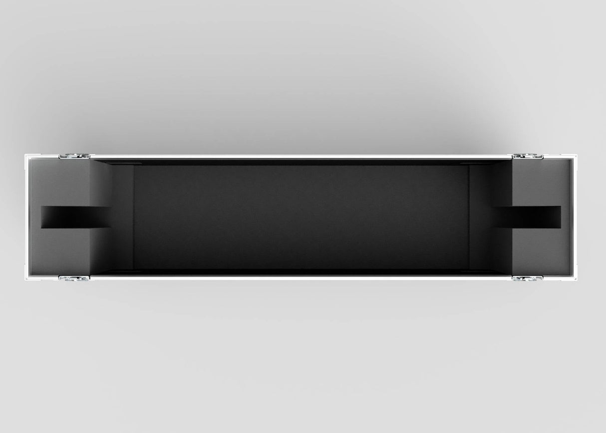 Top-down view of an empty 65" Single Screen Case, rectangular with black and gray colors, featuring foam padding at both ends and side latches.