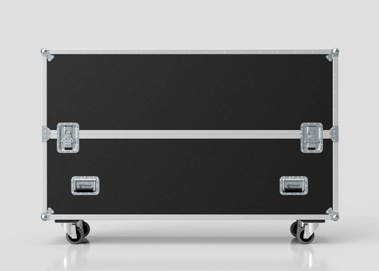 A 65" Single Screen Case—large, black, rectangular with metal edges, two latches, two handles, and four caster wheels—stands against a plain light background.