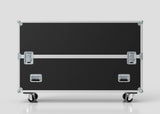 A 65" Single Screen Case—large, black, rectangular with metal edges, two latches, two handles, and four caster wheels—stands against a plain light background.