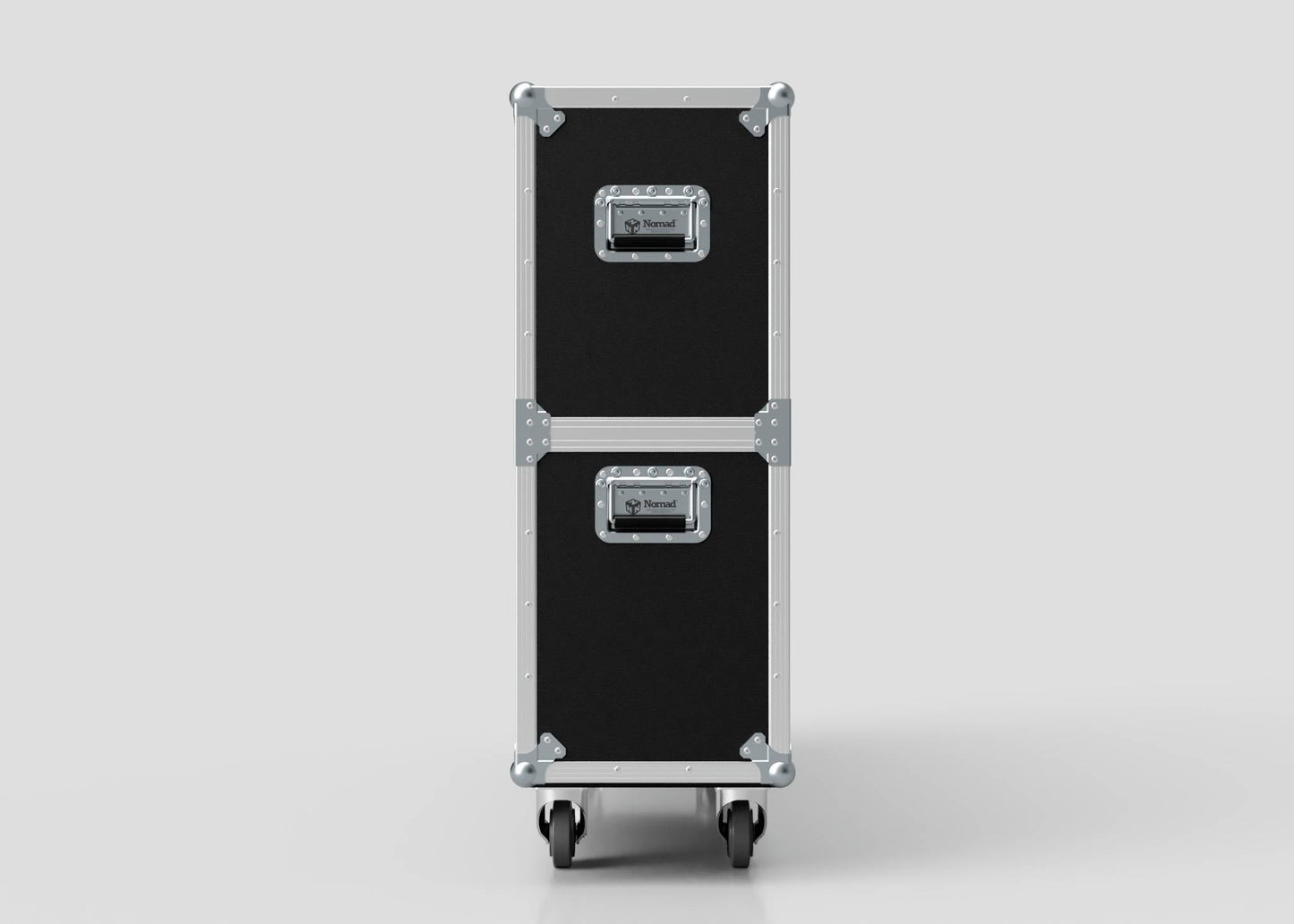 The 65" Single Screen Case in black and silver features metal edges, sturdy handles, and stands upright on four caster wheels, shown against a plain background.