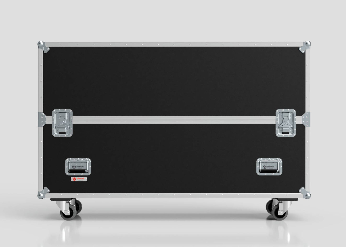 A 65" Single Screen Case in large black design with metal edges, handles, latches, and four caster wheels, shown on a plain light gray background.
