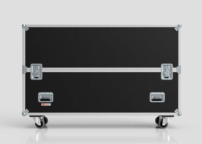 A 65" Single Screen Case in large black design with metal edges, handles, latches, and four caster wheels, shown on a plain light gray background.