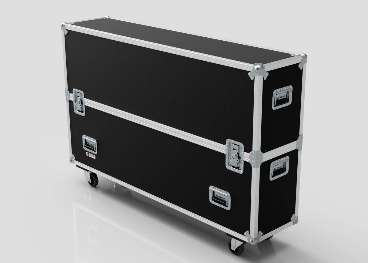 The 65" Single Screen Case is a large black rectangular equipment case with metal edges, four handles, latches, and wheels, shown against a plain light background.