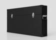 The 65" Single Screen Lite Guard™ Case is a large, black HDPE transport case with metal corner protectors, two silver latches, and a side handle, designed for secure display transport. Shown against a plain light background.