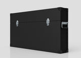 The 65" Single Screen Lite Guard™ Case is a large, black HDPE transport case with metal corner protectors, two silver latches, and a side handle, designed for secure display transport. Shown against a plain light background.