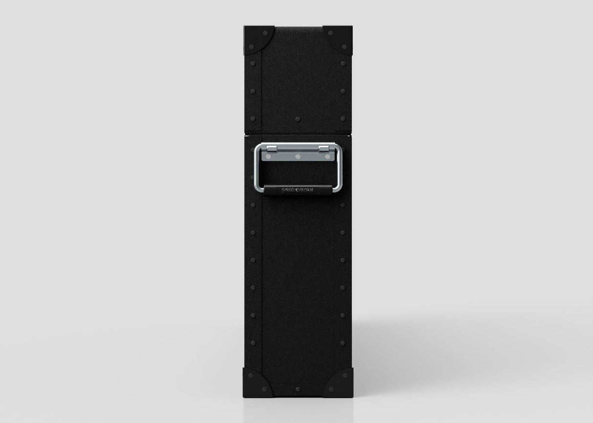 A 65" Single Screen Lite Guard™ Case, a tall rectangular black lightweight HDPE display transport case with metal corners and a central handle, stands upright against a plain light gray background.