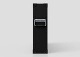 A 65" Single Screen Lite Guard™ Case, a tall rectangular black lightweight HDPE display transport case with metal corners and a central handle, stands upright against a plain light gray background.
