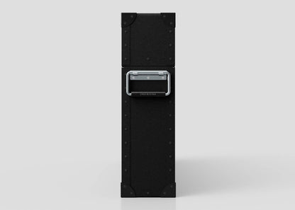 The 48" Single Screen Poly Case, a black rectangular chest with metal corner reinforcements and a central metal handle, stands upright against a plain light gray background.