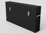 The 65" Single Screen Lite Guard™ Case, a black lightweight HDPE display transport case with metal corner reinforcements, two silver latches, and a side handle, is shown against a plain background.