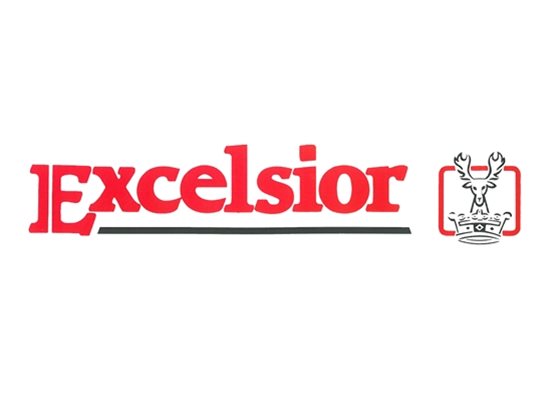 Red Excelsior text with a stylized letter E and a small crown and crest emblem to the right, all on a white background.