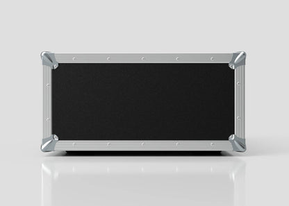 The 6U Foam Shock Mounted 19" Rack Case, a rectangular black equipment rack with metal edges and corner protectors, sits on a reflective white surface against a plain background.
