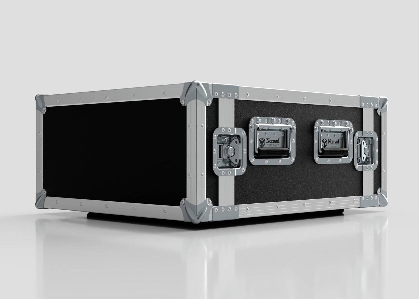 The 6U Foam Shock Mounted 19" Rack Case features a black and silver design with metal reinforced corners and two latches, shown resting on a smooth white surface.