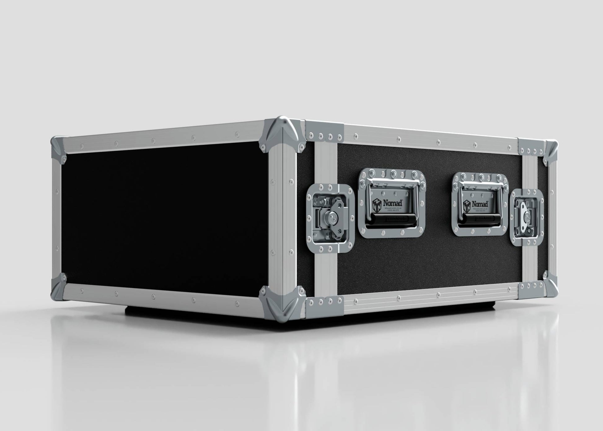 The 6U Foam Shock Mounted 19" Rack Case features a black and silver design with metal reinforced corners and two latches, shown resting on a smooth white surface.