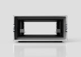 Front view of the 6U Foam Shock Mounted 19" Rack Case, featuring side latches, a foam-lined interior, and open front and back panels, shown empty on a reflective surface against a plain background.