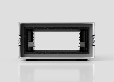 Front view of the 6U Foam Shock Mounted 19" Rack Case, featuring side latches, a foam-lined interior, and open front and back panels, shown empty on a reflective surface against a plain background.