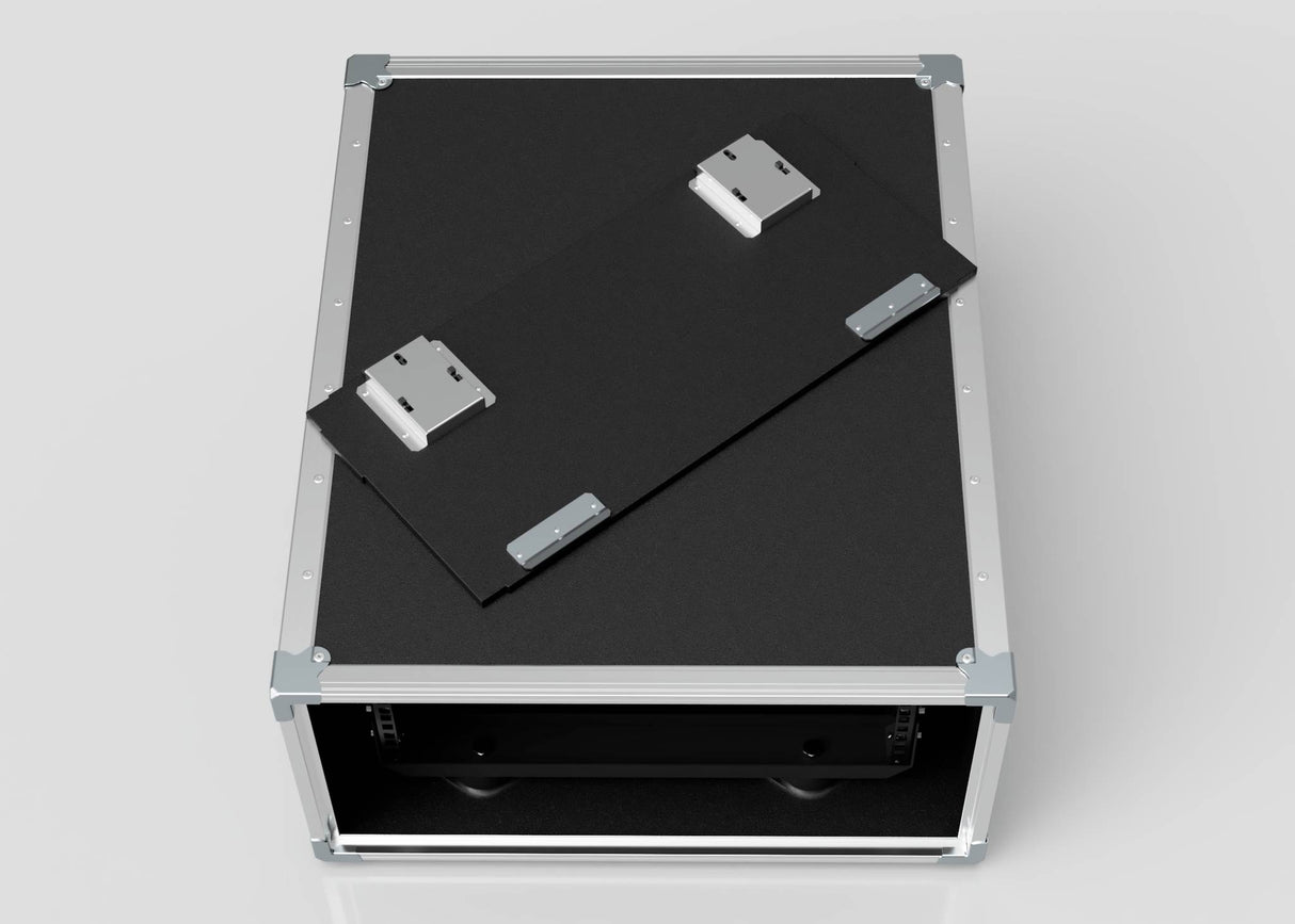A 6U Shock Mount Slam Rack Case in black and silver with a removable lid, shown partially open on a white background.