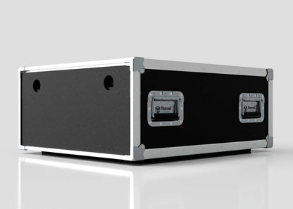 The 6U Shock Mount Slam Rack Case, featuring a black and silver exterior with metal reinforced corners and two side handles, rests on a white reflective surface.