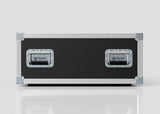 A rectangular black 6U Shock Mount Slam Rack Case with silver metal edges and two metal handles labeled “Nomad,” stands upright on a white surface against a plain background.
