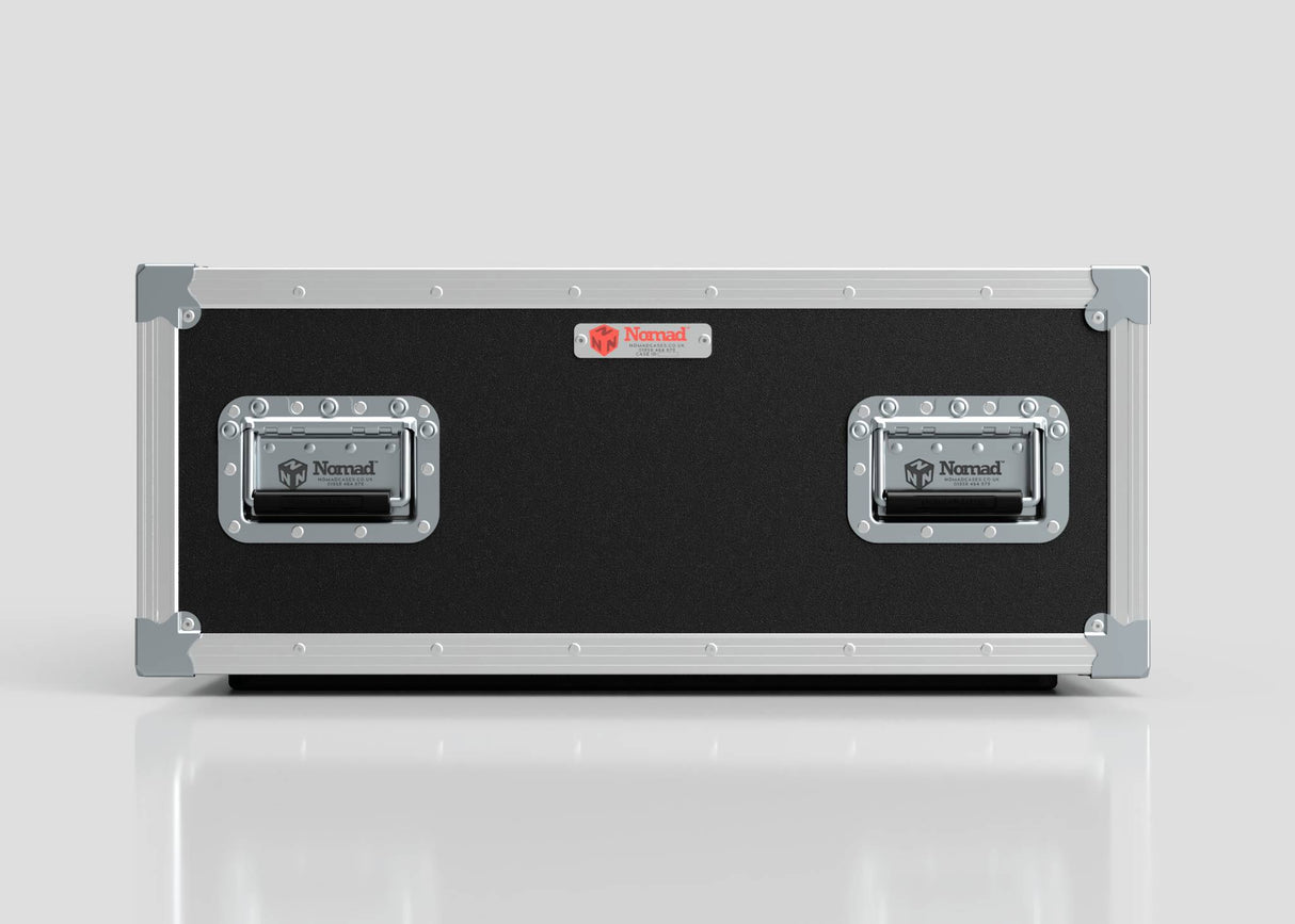The 6U Shock Mount Slam Rack Case is a black and silver hard case with metal edges, two handles featuring Nomad branding, and a red label on the front.